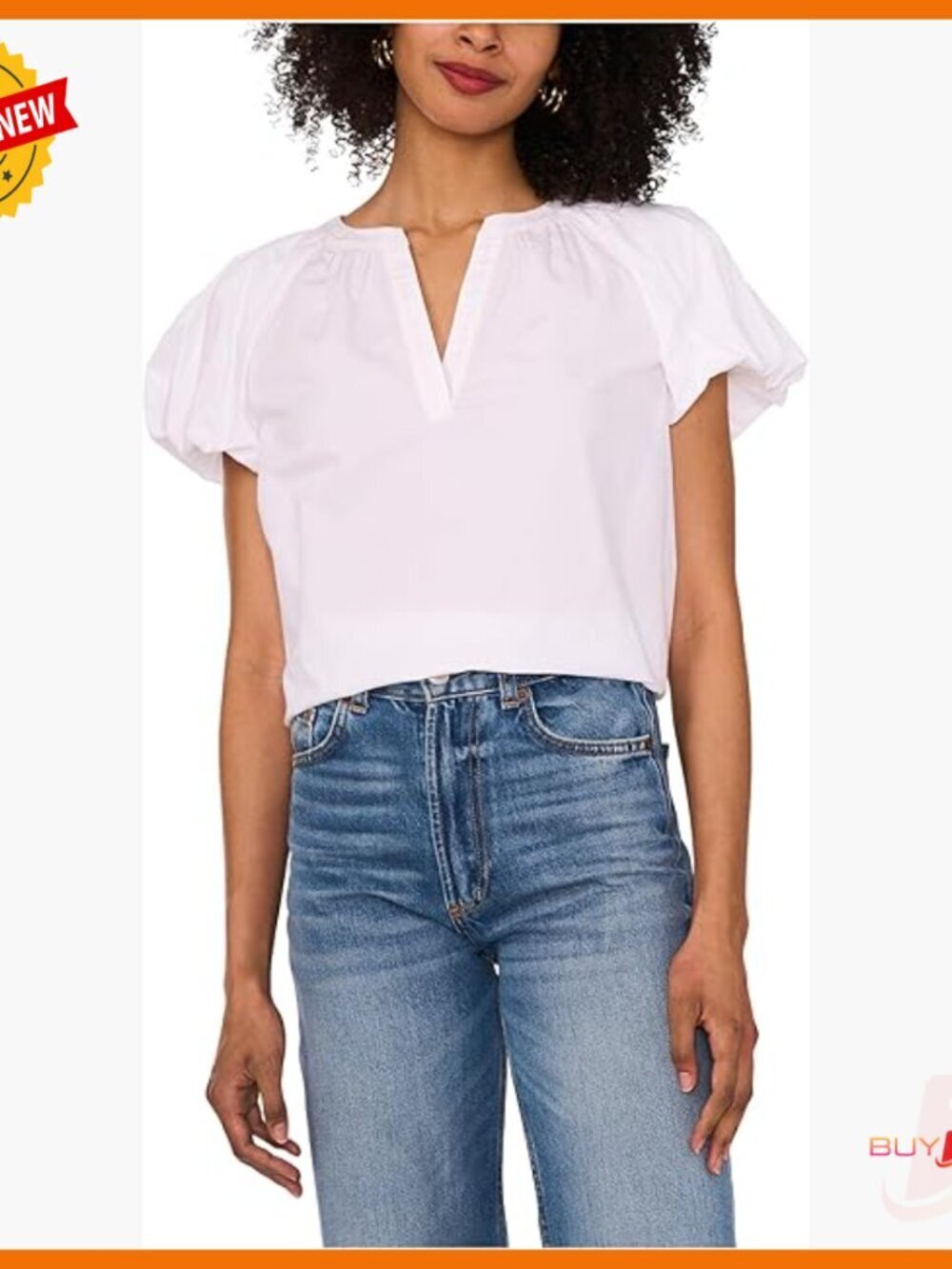 Raglan Puff Sleeve Blouse Classic Fit V-Neck Short Sleeve